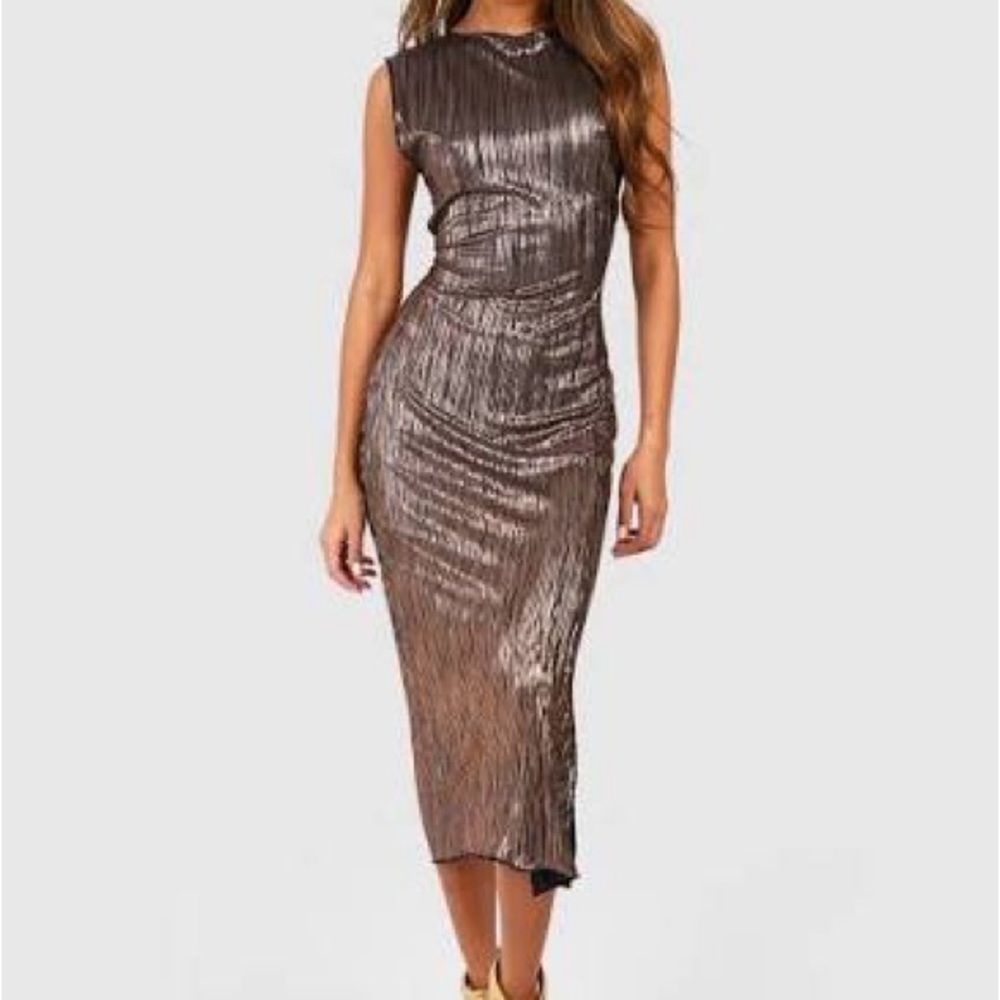 Boohoo Shimmering Silver Midi Dress. METALLIC PLISSE HIGH NECK MIDI DRESS